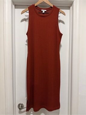 nine west ribbed dress Nine West Ribbed Midi Dress Camel V Neck